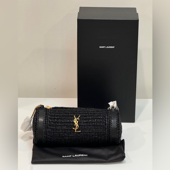 Saint Laurent Small Raffia Cassandre Cylindric Bag Black - Picture 1 of 4